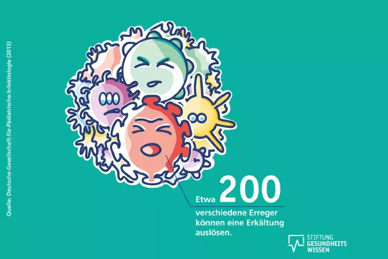 Zeichnung von Erregern mit der Zahl, wie viele Arten von Viren eine Erkältung auslösen können.