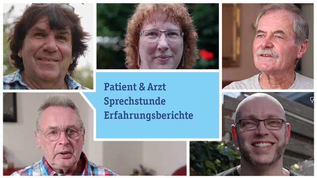 Fünf Patienten mit Vorhofflimmern berichten von ihren Erfahrungen beim Arzt. Das Bild leitet zum Video.